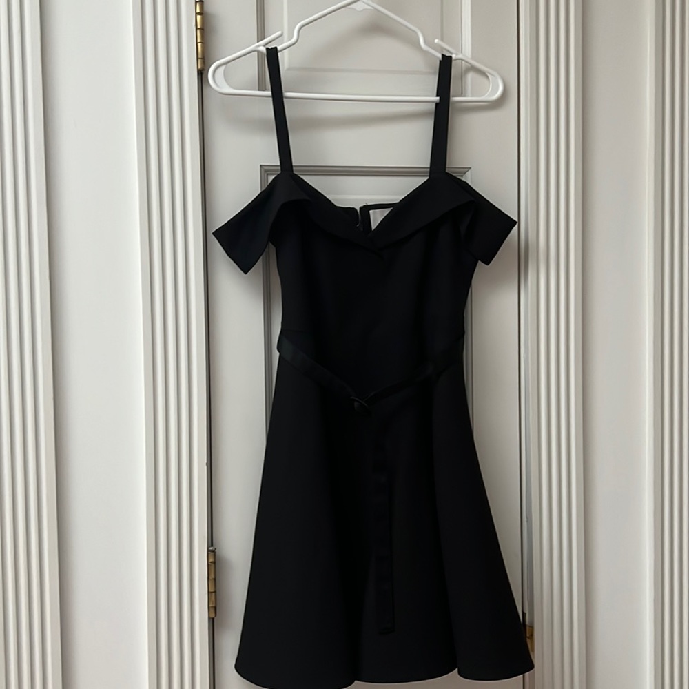 CINQ A SEPT off shoulder strappy cocktail dress